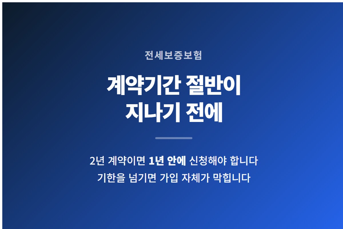 전세보증보험은 계약기간의 2분의 1이 지나기 전에 신청해야 한다는 것을 요약한 카드