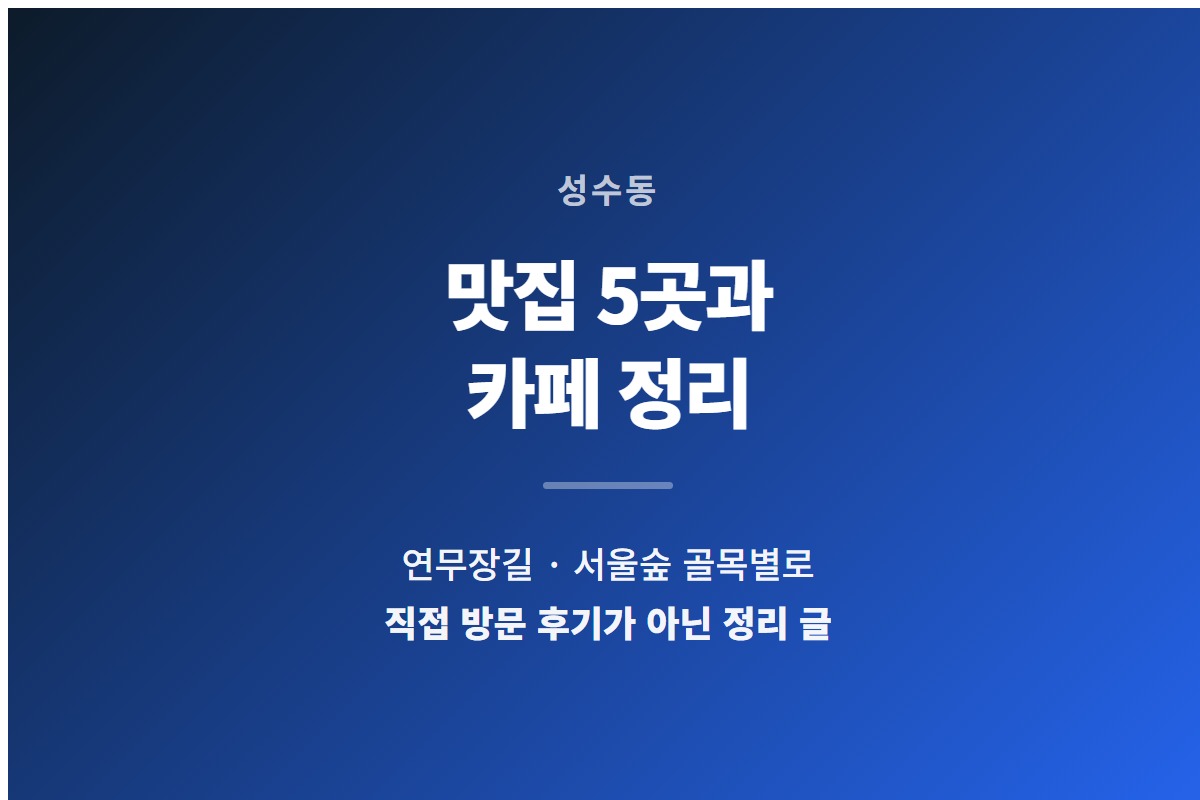 성수동 맛집과 카페를 골목별로 정리했다는 것을 알리는 카드
