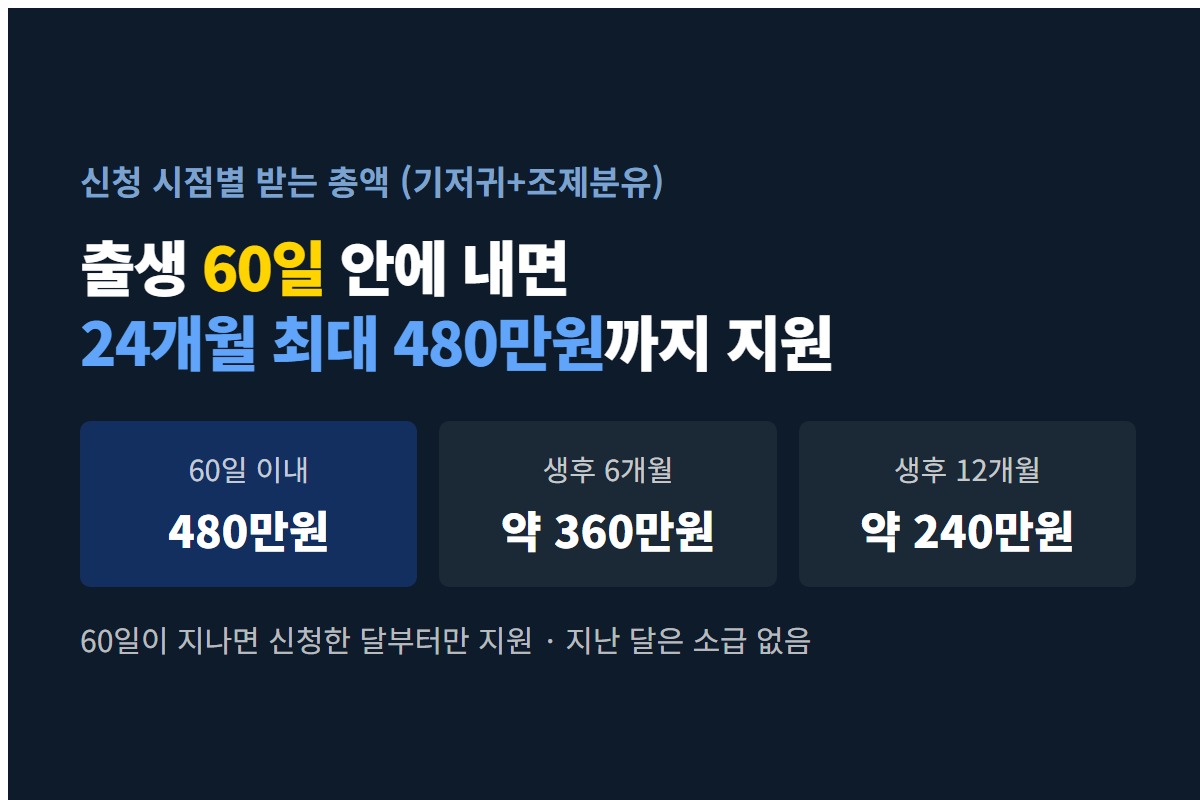 출생 60일 이내 신청하면 기저귀와 조제분유를 24개월 모두 받아 최대 480만원이고 늦으면 신청한 달부터만 지원된다는 카드