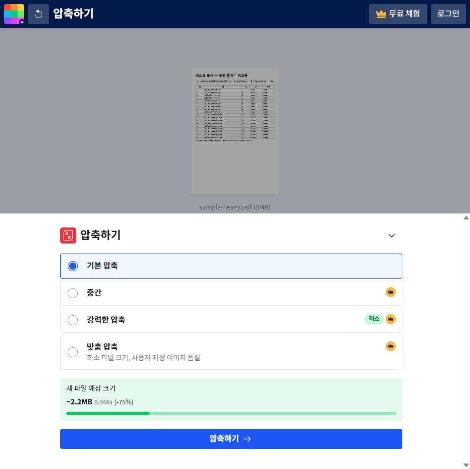 Smallpdf 압축 단계 선택 화면. 중간 강력한 압축 맞춤 압축에 유료 왕관 표시가 있다