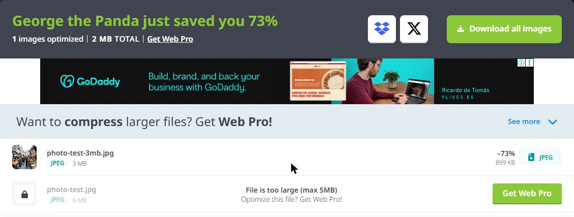 TinyPNG 결과 화면. 3MB 사진은 73퍼센트 줄었고 5.58MB 원본은 파일이 너무 크다며 거절됐다
