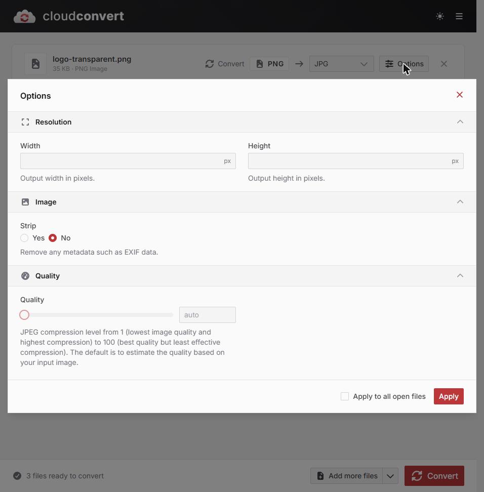 CloudConvert Options 화면으로 Resolution과 Strip과 Quality 슬라이더가 보이는 캡처