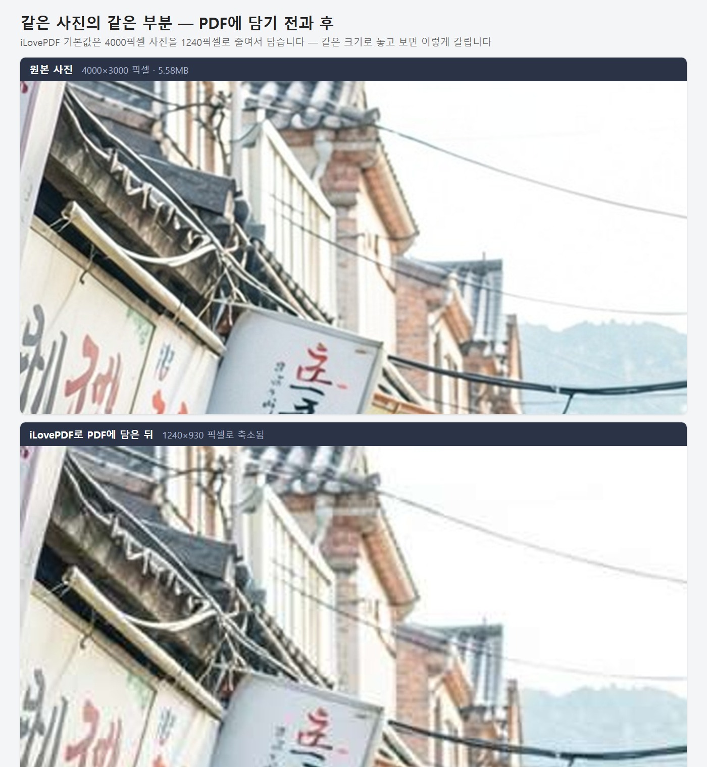 같은 사진의 같은 부분을 원본과 iLovePDF 변환 결과에서 같은 크기로 확대 비교한 이미지. 변환 후가 눈에 띄게 흐릿하다
