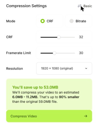 VEED 압축 설정의 Advanced 화면으로 CRF 32와 프레임 제한 30과 해상도 1920x1080 그리고 예상 용량 6.0MB에서 11.2MB가 적힌 캡처